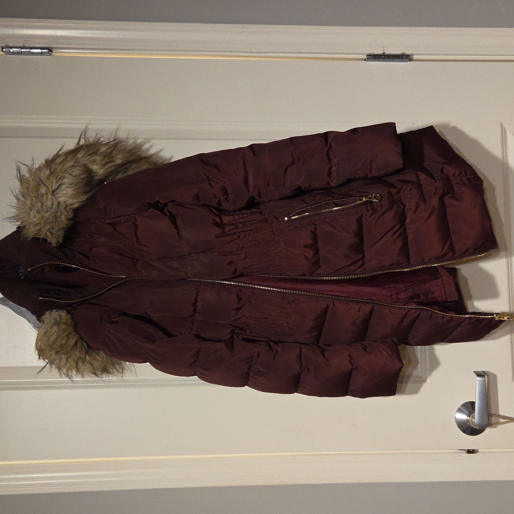 Women's Burgundy Puffer Coat with Faux Fur Hood